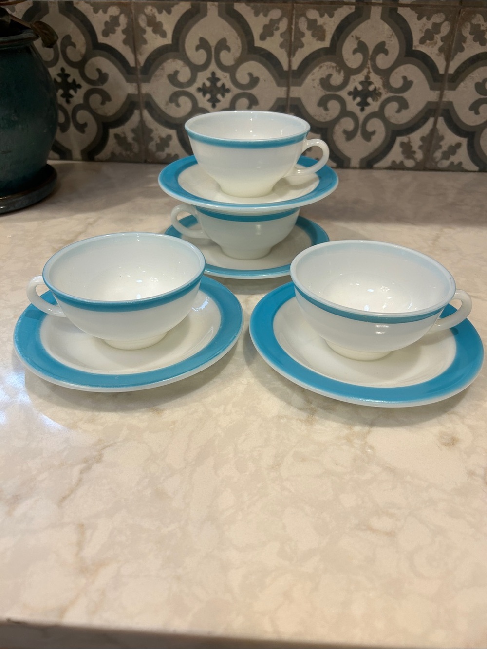 Vintage 1960s Pyrex Milk Glass Coffee/Tea Cups & Saucers W/ Teal Stripe-Set of 4
